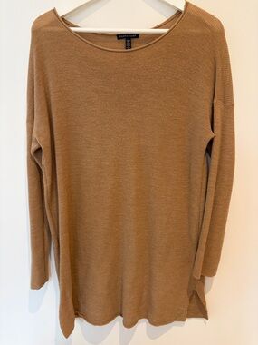 Eileen Fisher Camel Lightweight Boatneck Merino Knit Tunic